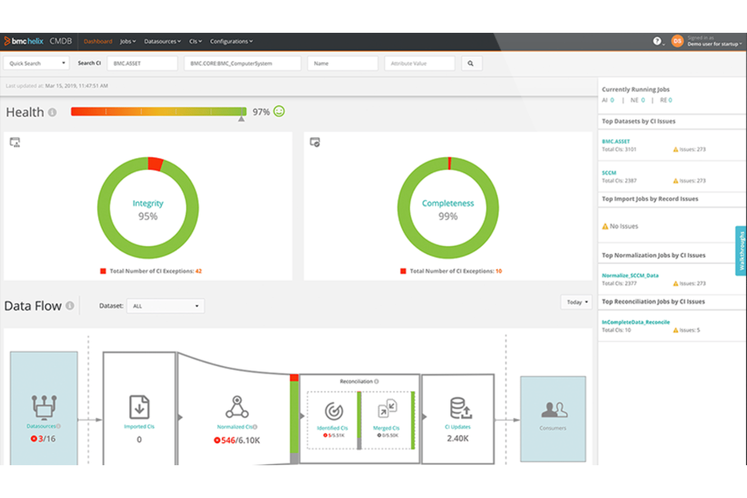 BMC Helix CMDB dashboard showing 97% health, integrity and completeness gauges, and data flow.