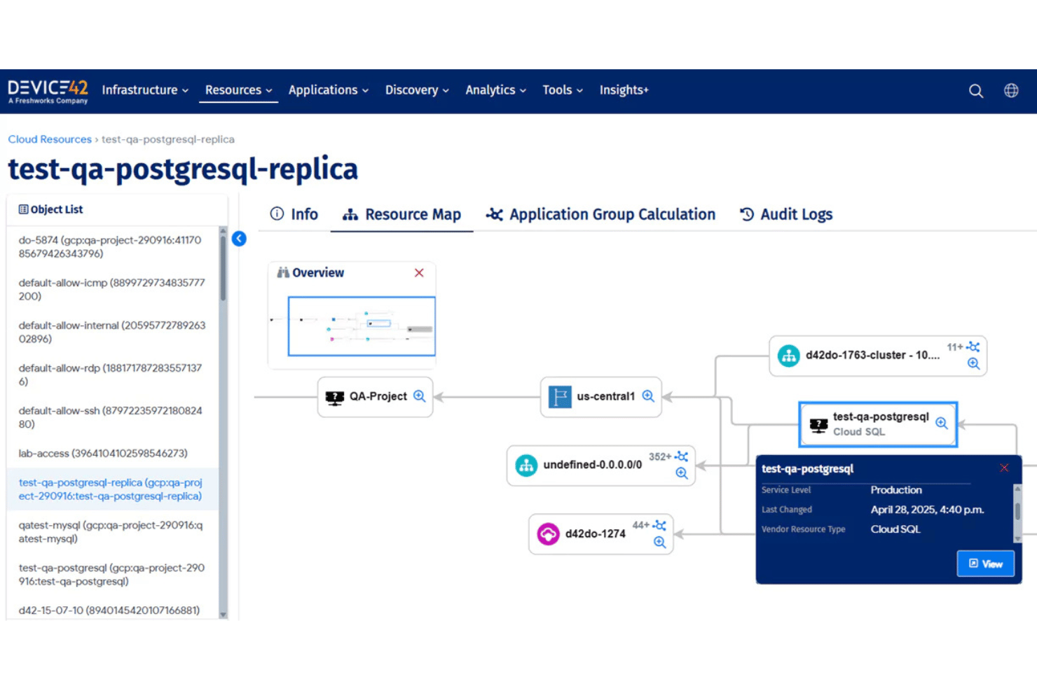 Device42 resource map showing PostgreSQL cloud SQL dependencies and topology.