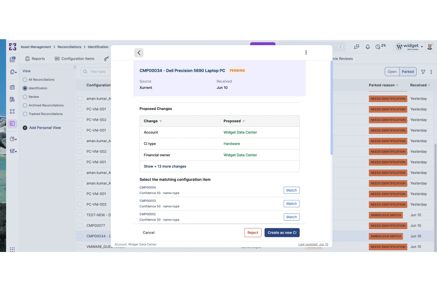 Xurrent ITSM reconciliation panel showing proposed changes and CI matching options.