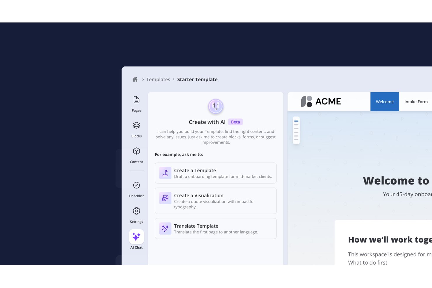 Valuecase AI Chat panel with template creation options and live preview