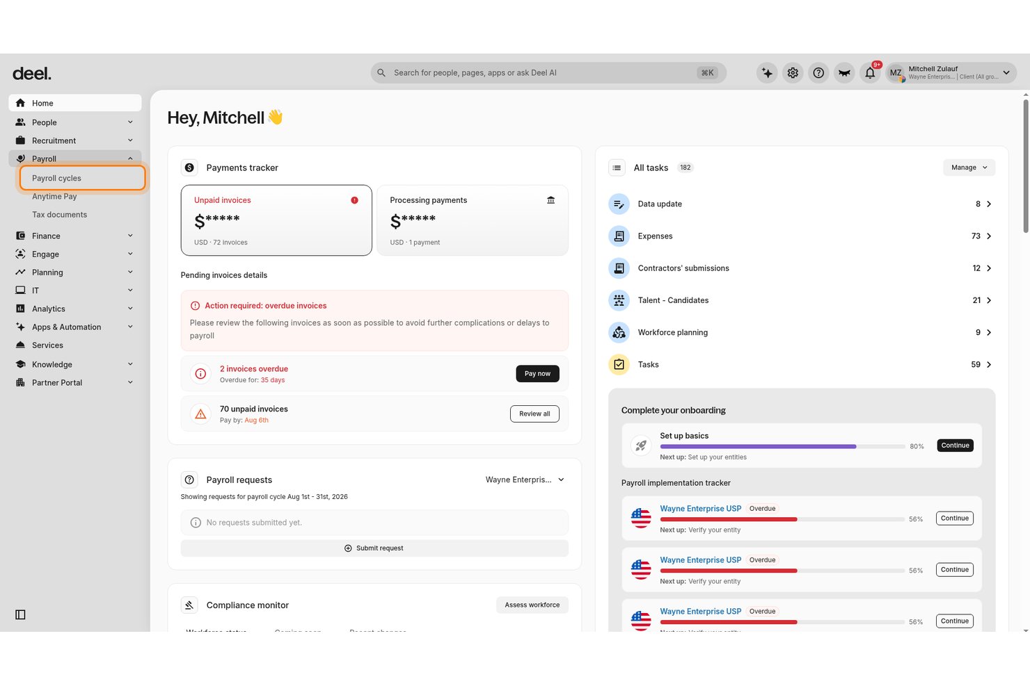 Deel-Payroll-Dashboard mit unbezahlten Rechnungen, Zahlungsverfolgung und Aufgabenliste.