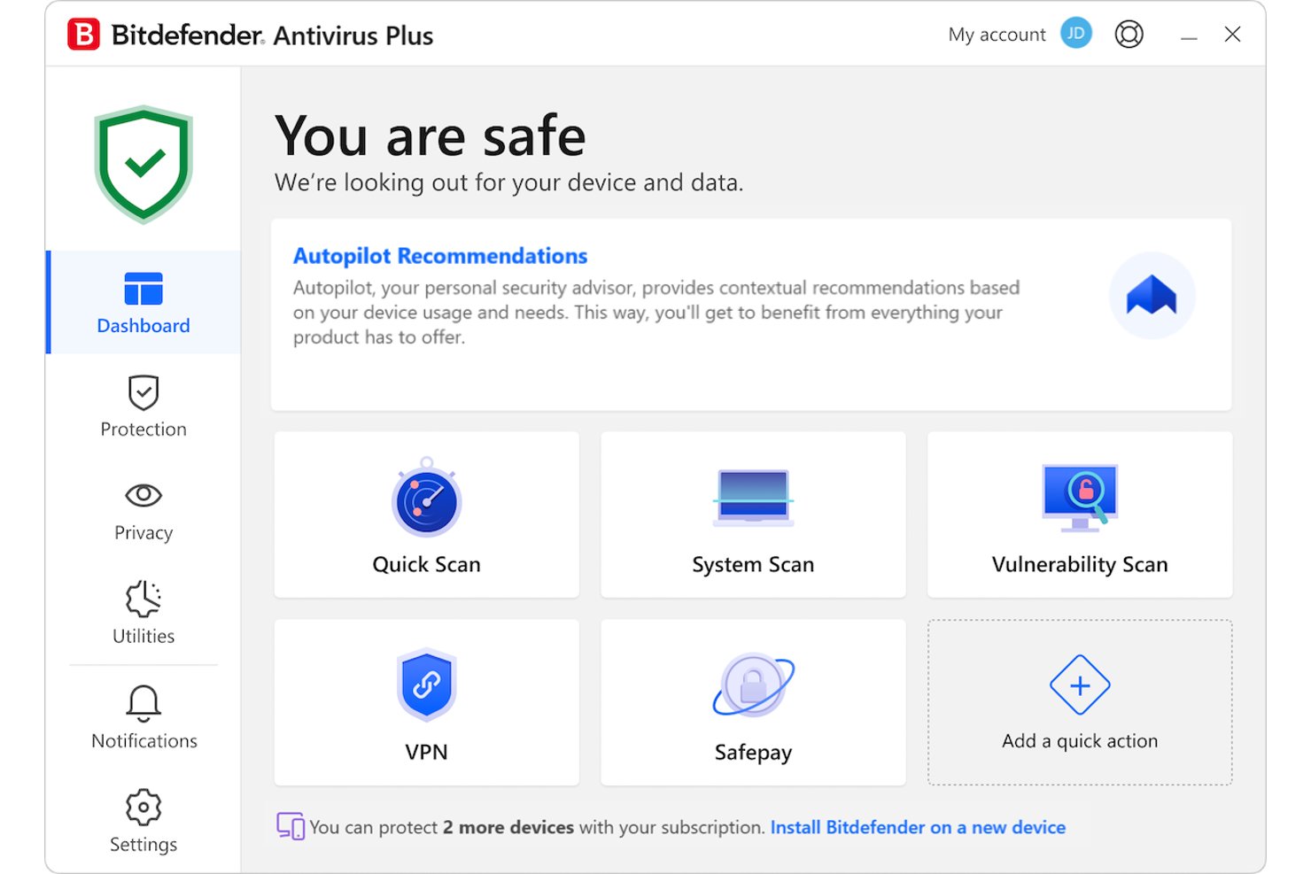 Dashboard von Bitdefender Antivirus Plus mit sicherem Status, Scan-Optionen, VPN und Safepay.
