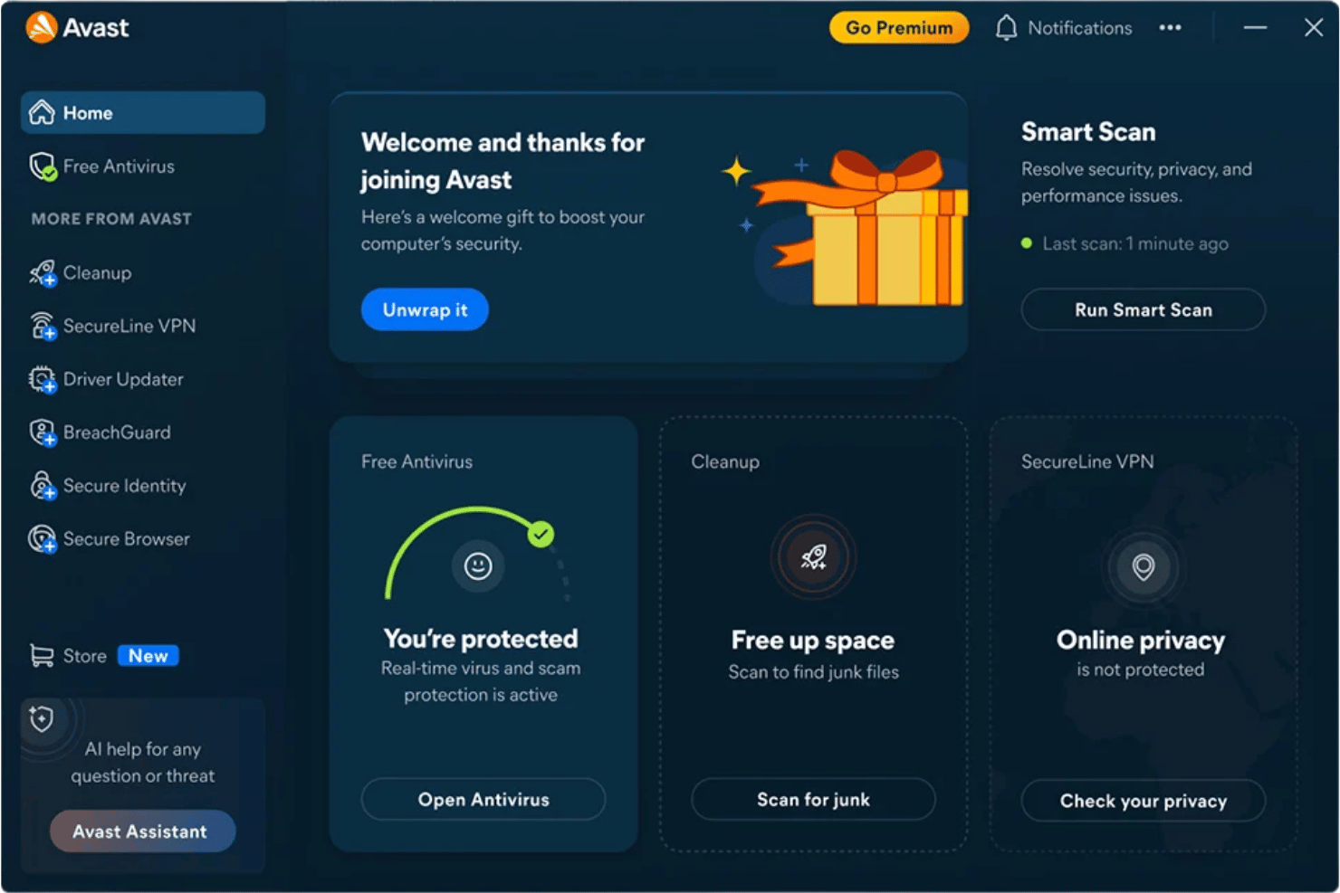 Startbildschirm von Avast Free Antivirus mit Schutzstatus, intelligentem Scan und Sicherheitstools.