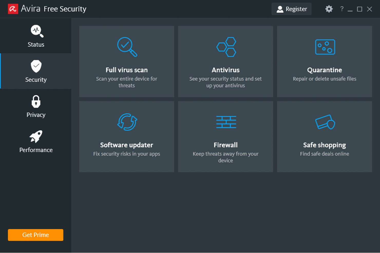 Avira Free Security-Dashboard mit sechs Kacheln für Sicherheitsfunktionen, darunter Virenschutz und Firewall.