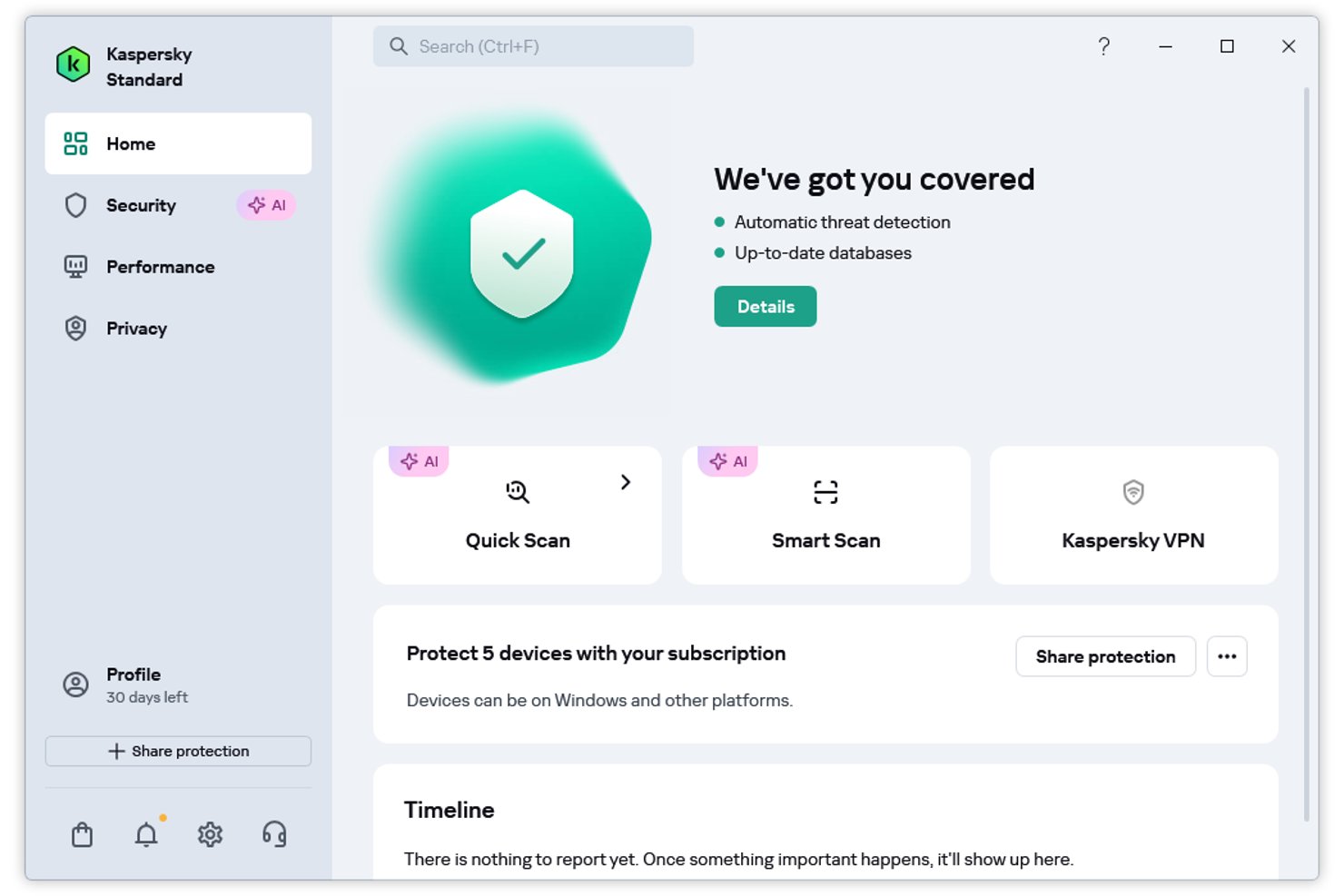 Startbildschirm von Kaspersky Standard mit Schutzstatus, Schnellscan, intelligentem Scan und VPN.