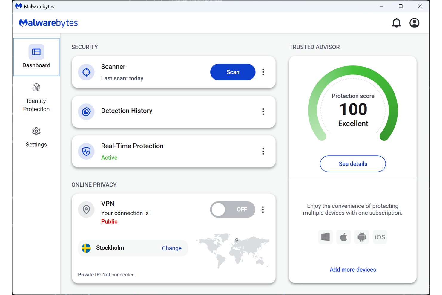 Malwarebytes-Dashboard mit einem Schutzwert von 100 sowie aktivem Scanner und aktivem Echtzeitschutz.