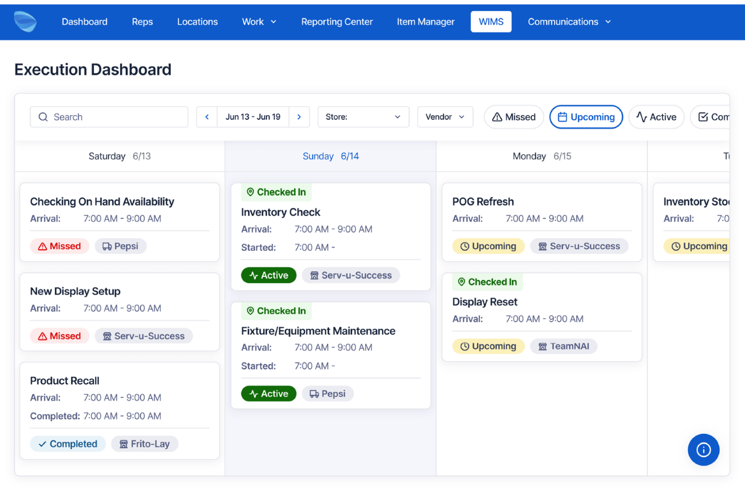 Ausführungs-Dashboard mit wöchentlichen Außendienstaufgaben und den Statusangaben verpasst, aktiv und bevorstehend.