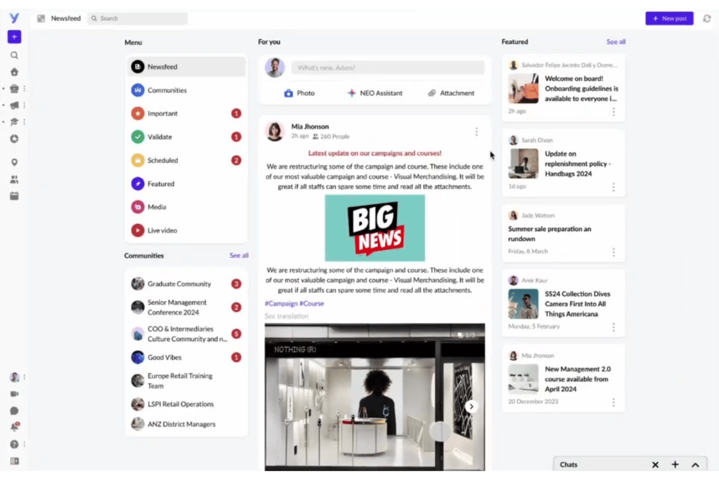 Übersicht des YOOBIC-Nachrichten-Feeds mit Beiträgen, Gemeinschaften und hervorgehobenen Artikeln.