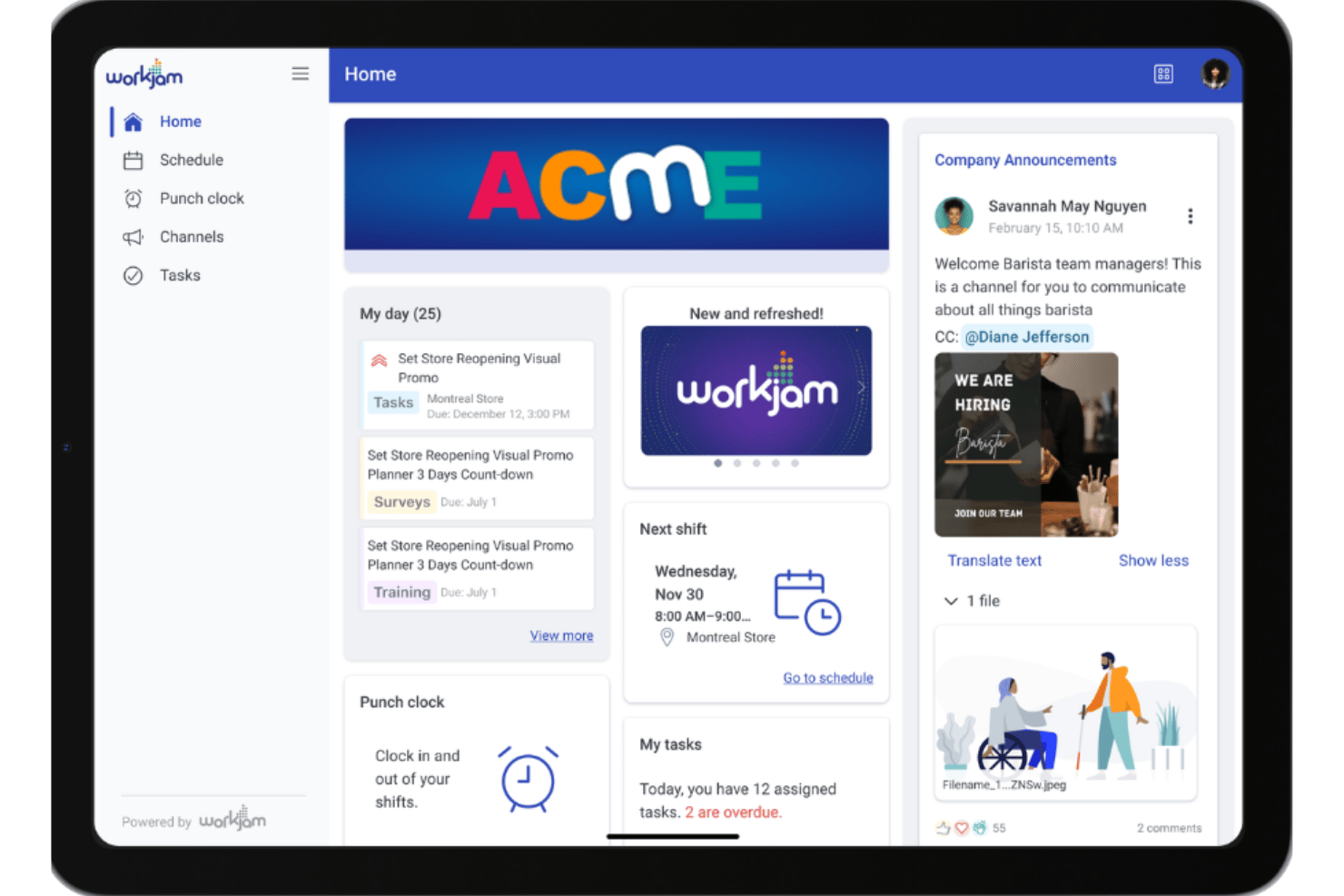 WorkJam-Startdashboard mit Zeitplan, Aufgaben, Stempeluhr und Unternehmensankündigungen.