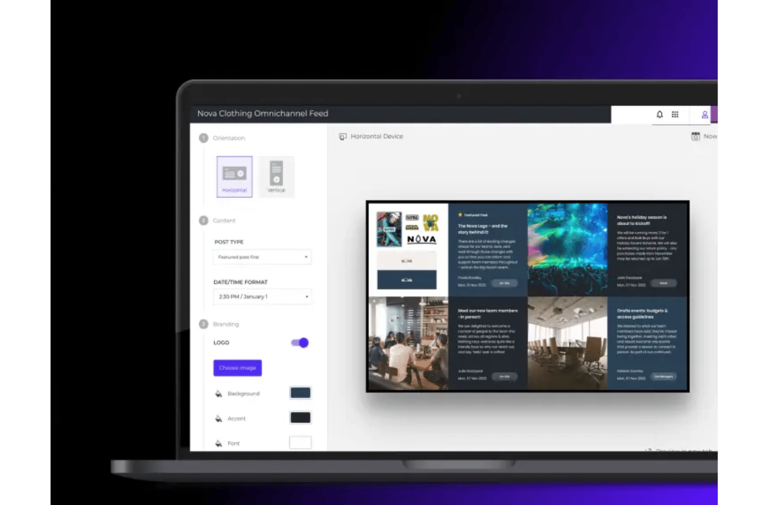 Poppulo digital signage editor showing a customizable screen layout with content feeds, images, branding, orientation, and display settings.