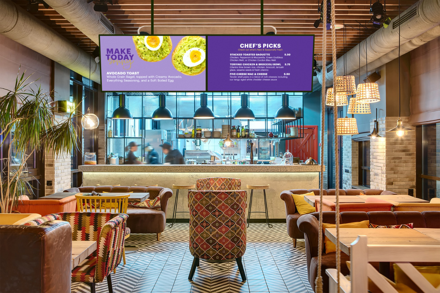 Restaurant with purple digital menu board displaying Chef's Picks and Avocado Toast.