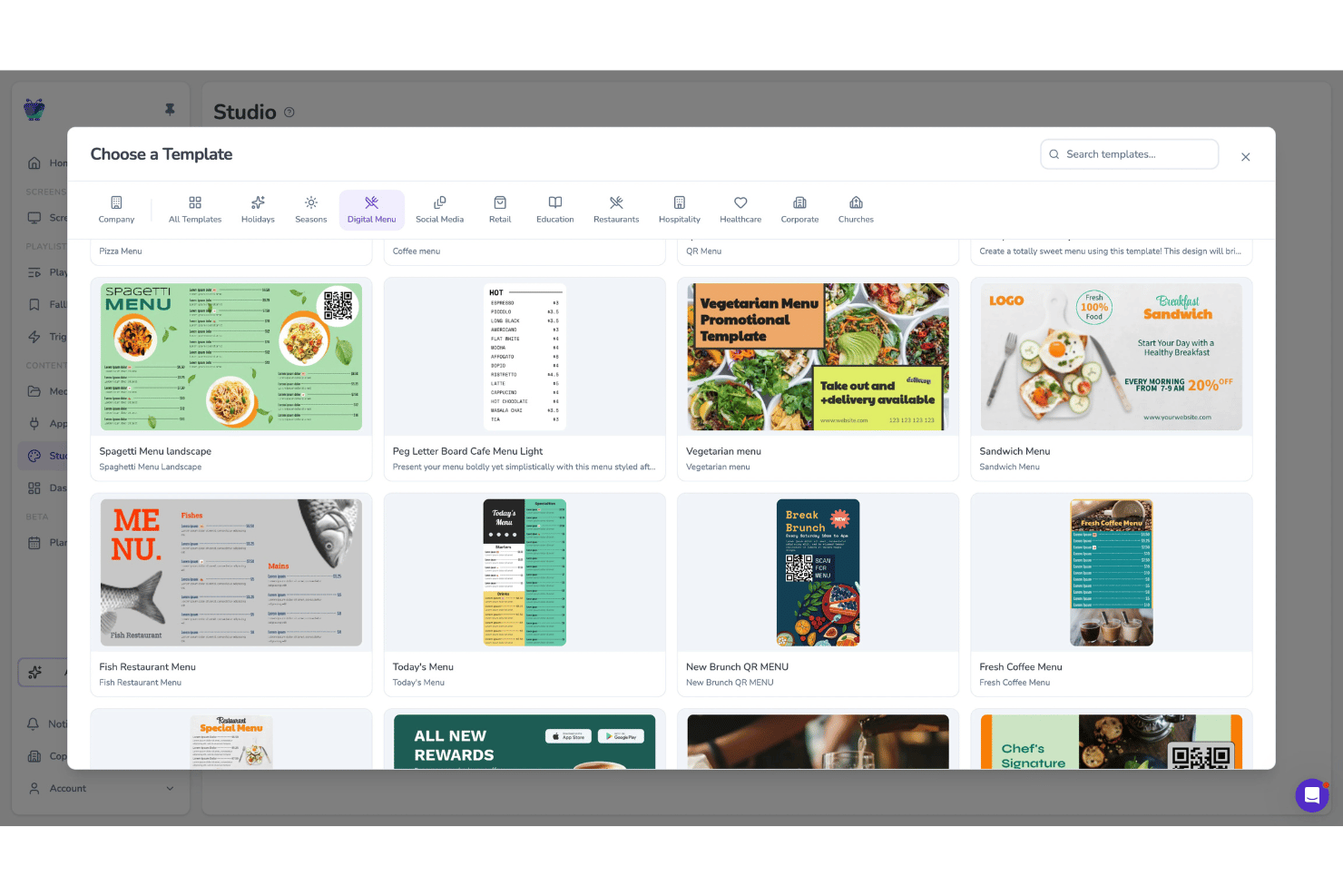 Template picker showing digital menu designs in a studio interface.