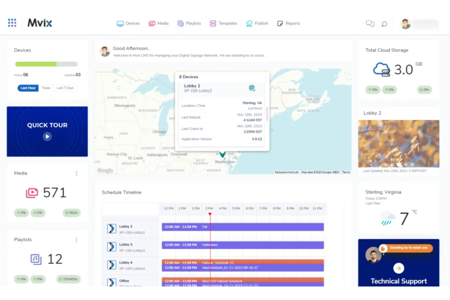 Mvix CMS dashboard showing device map, schedule timeline, and media stats.