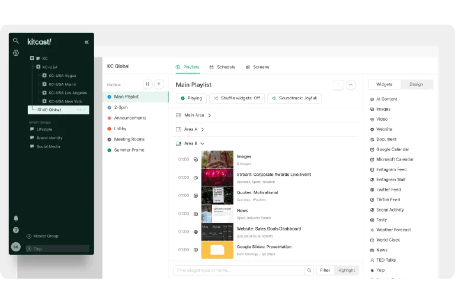 Kitcast dashboard showing playlist manager with widgets and screen groups.