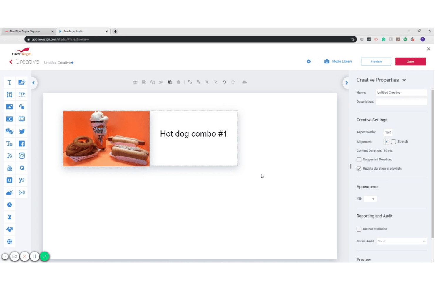 NoviSign Studio editor showing a hot dog combo slide with image and text.