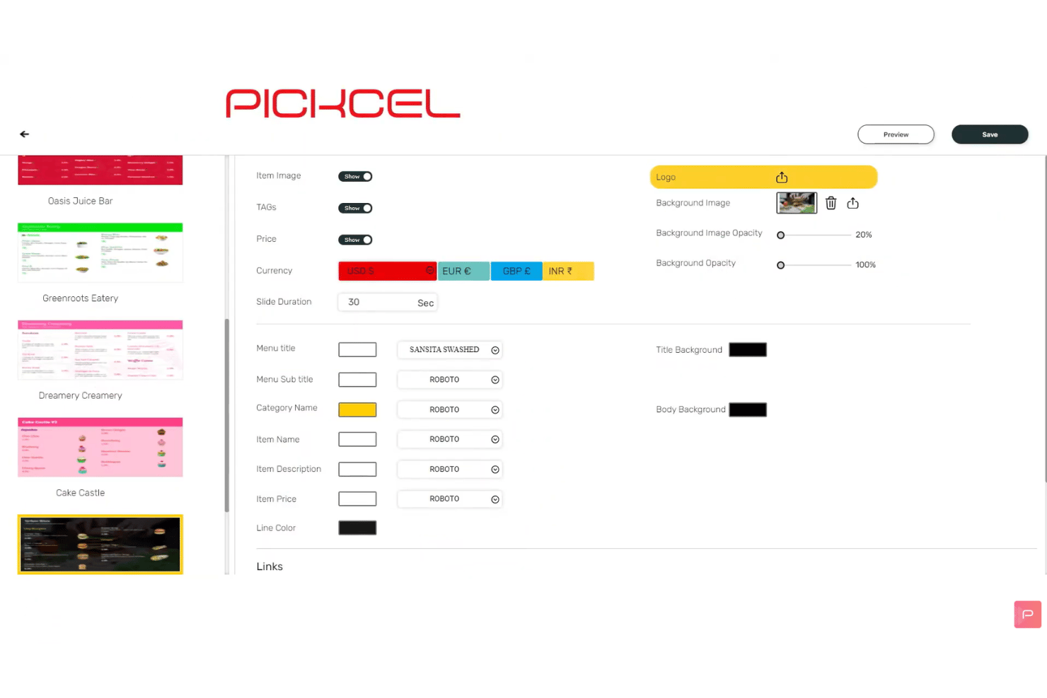 Pickcel digital menu editor with font, color, and currency settings panel.