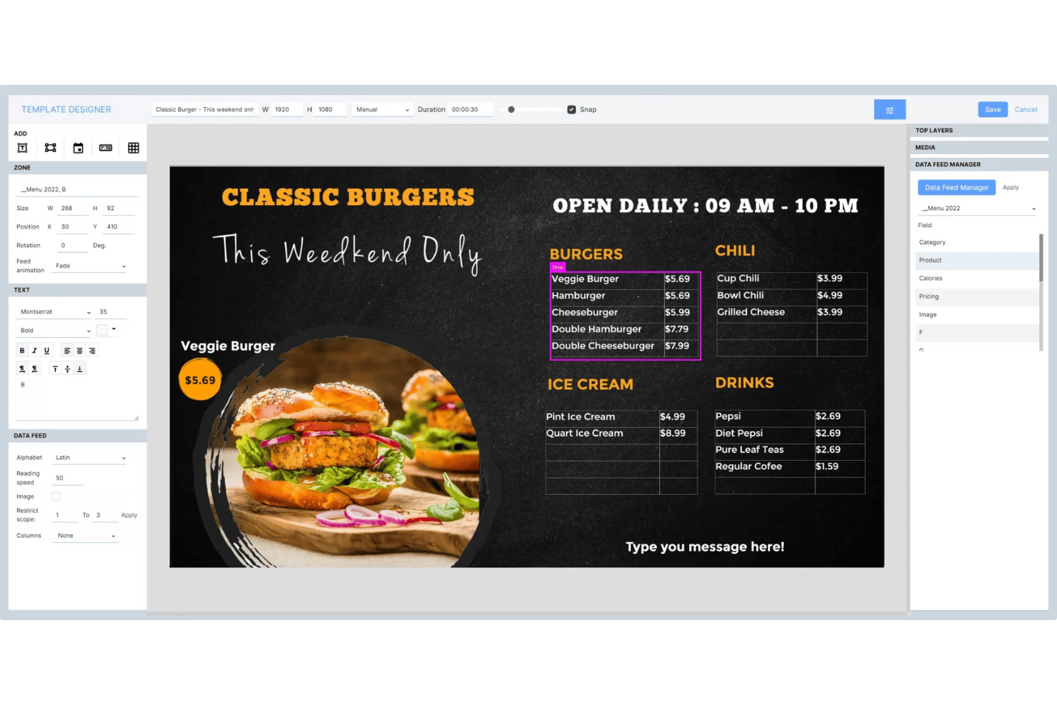Template designer showing a Classic Burgers digital menu board with pricing and data feed settings.