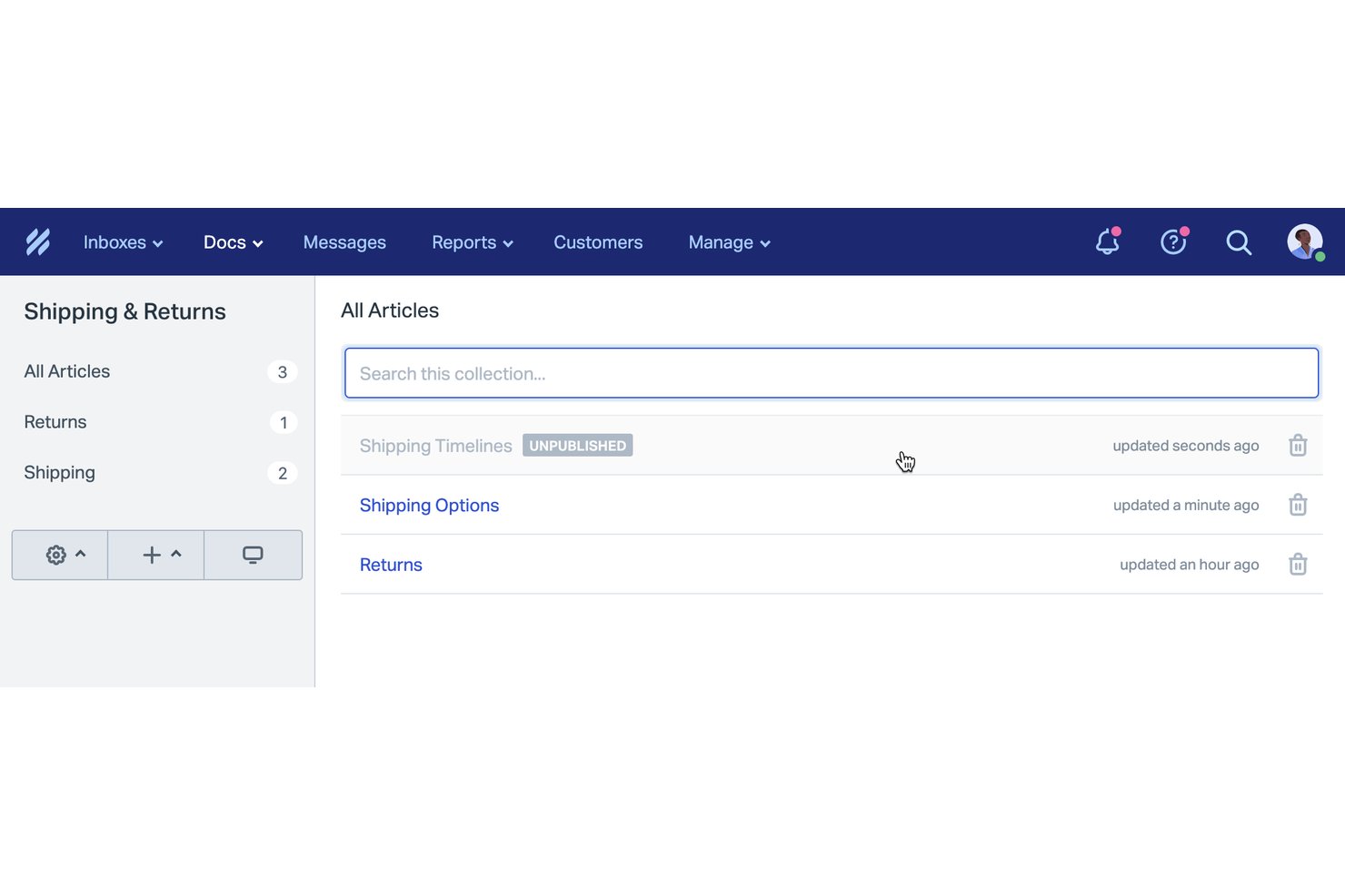 Help Scout Docs-interface met een lijst van artikelen over Verzending en retourneren, met statussen voor gepubliceerd en niet gepubliceerd.
