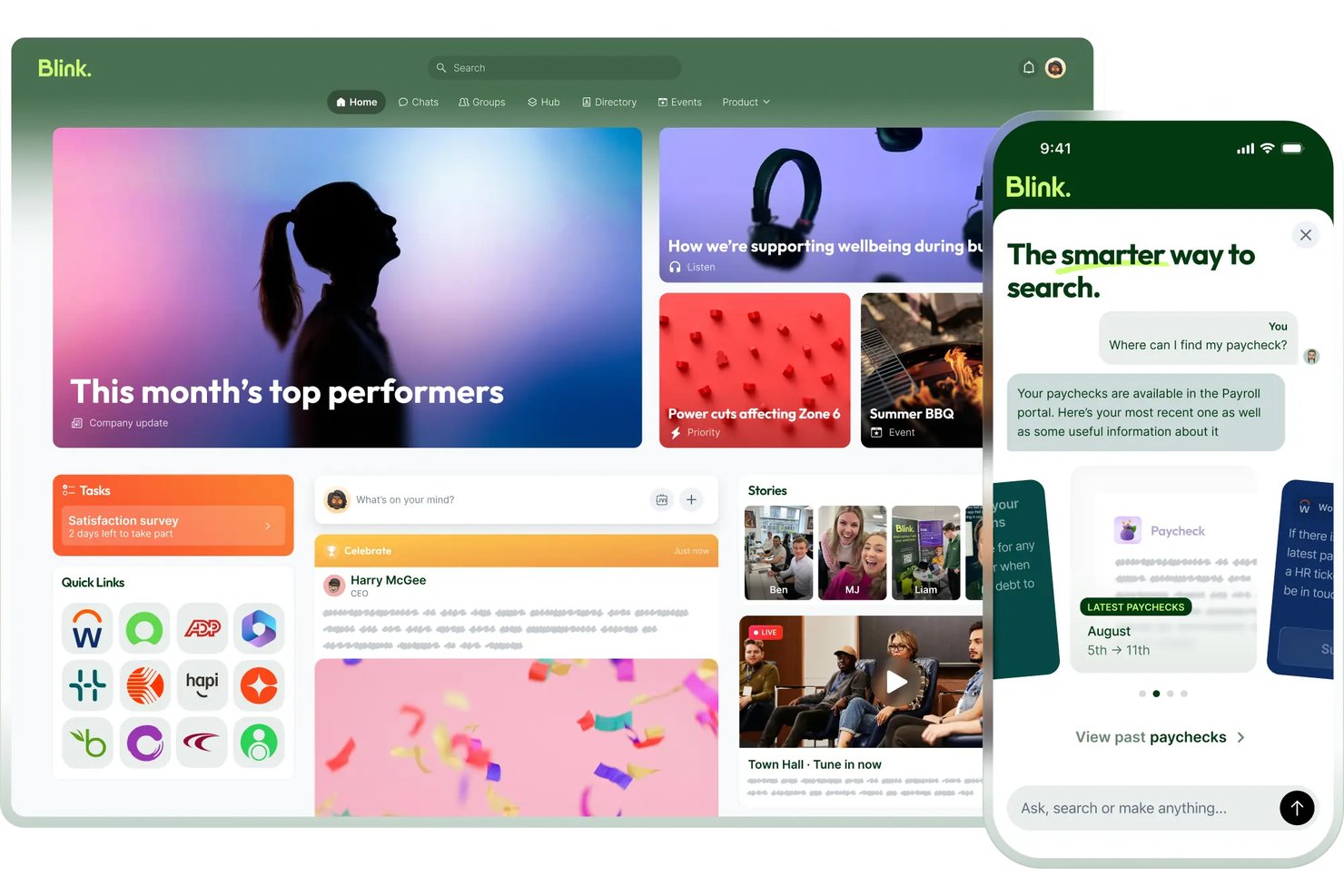 Blink app dashboard showing news feed, quick links, and AI search chat on mobile.
