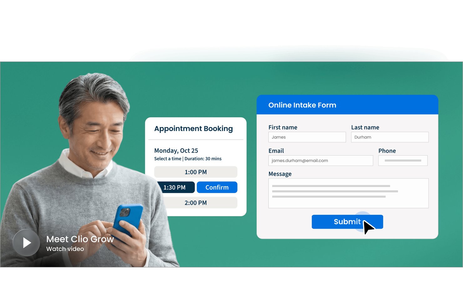 Benutzeroberfläche von Clio Grow für Terminbuchung und Online-Mandantenaufnahme auf grünem Hintergrund.