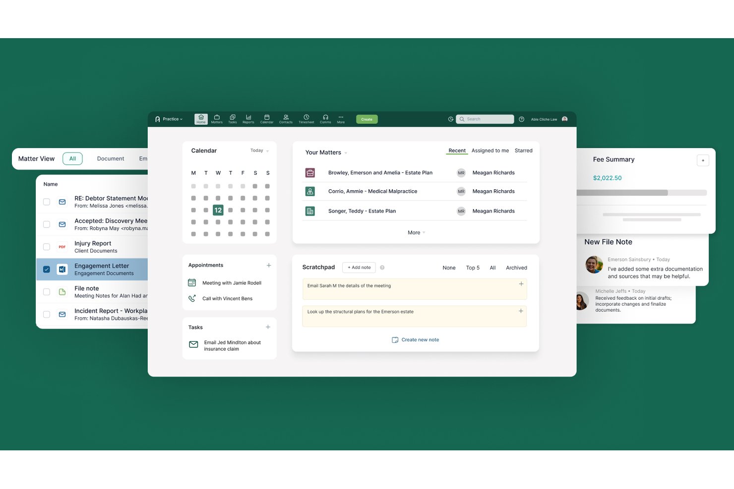 Actionstep-Übersichtsseite mit Bereichen für Angelegenheiten, Kalender, Notizblock und Aktennotizen.