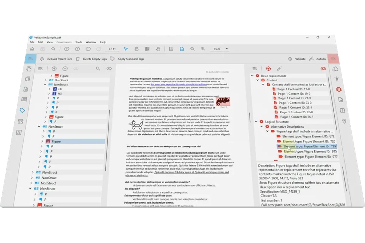 PDFix-interface met PDF/UA-validatiefouten voor afbeeldingen zonder alternatieve tekst.