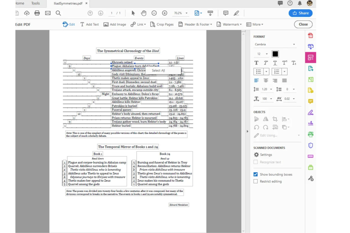 Pdf-editor van Adobe Acrobat met een symmetrische chronologiegrafiek van de Ilias.