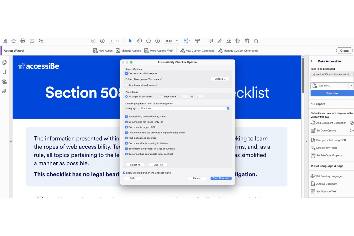 Dialoogvenster Opties van de toegankelijkheidscontrole in Adobe Acrobat, met geselecteerde selectievakjes voor documentcategorieën.