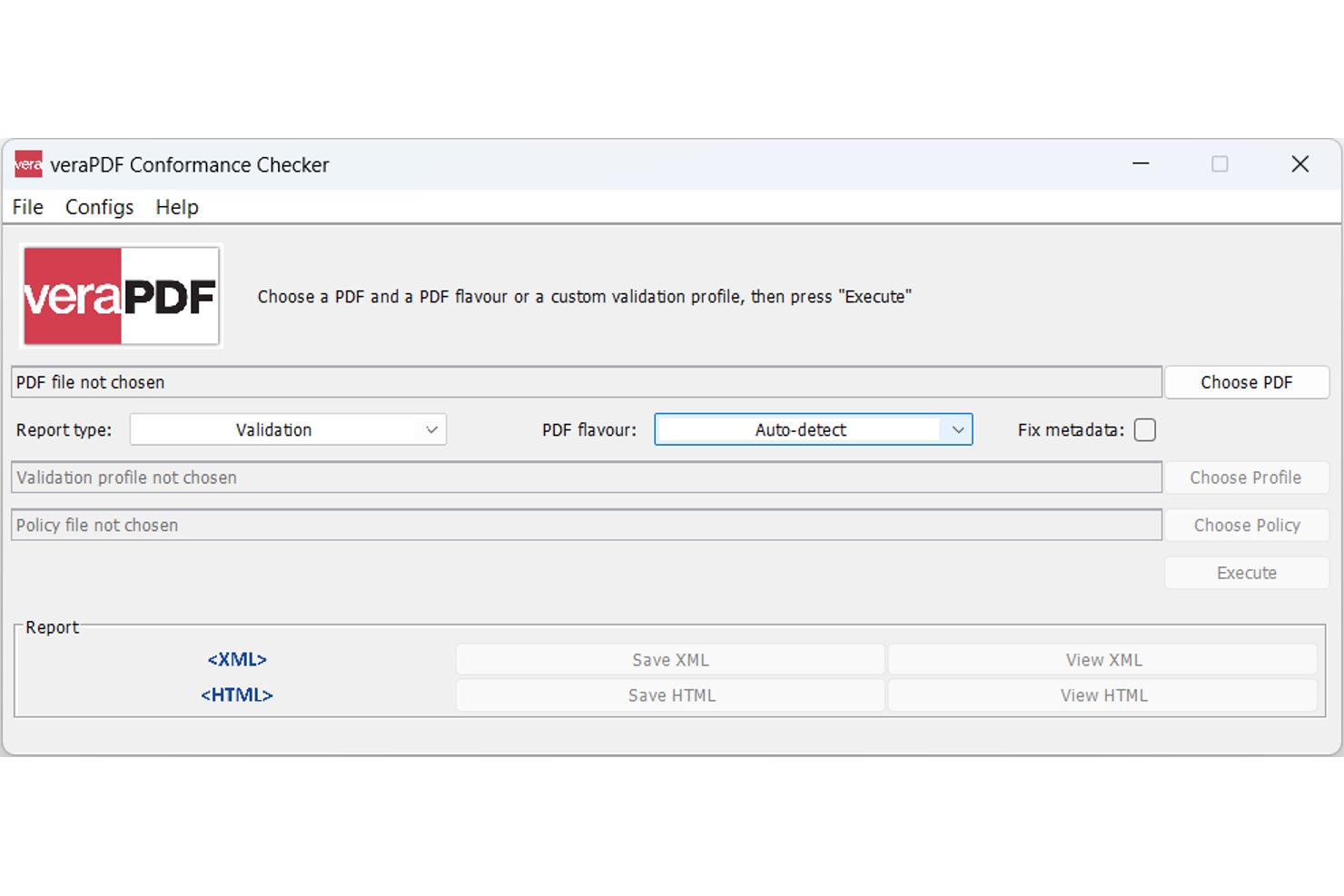 Grafische gebruikersinterface van veraPDF voor conformiteitscontrole, met PDF-selectie en validatieopties.