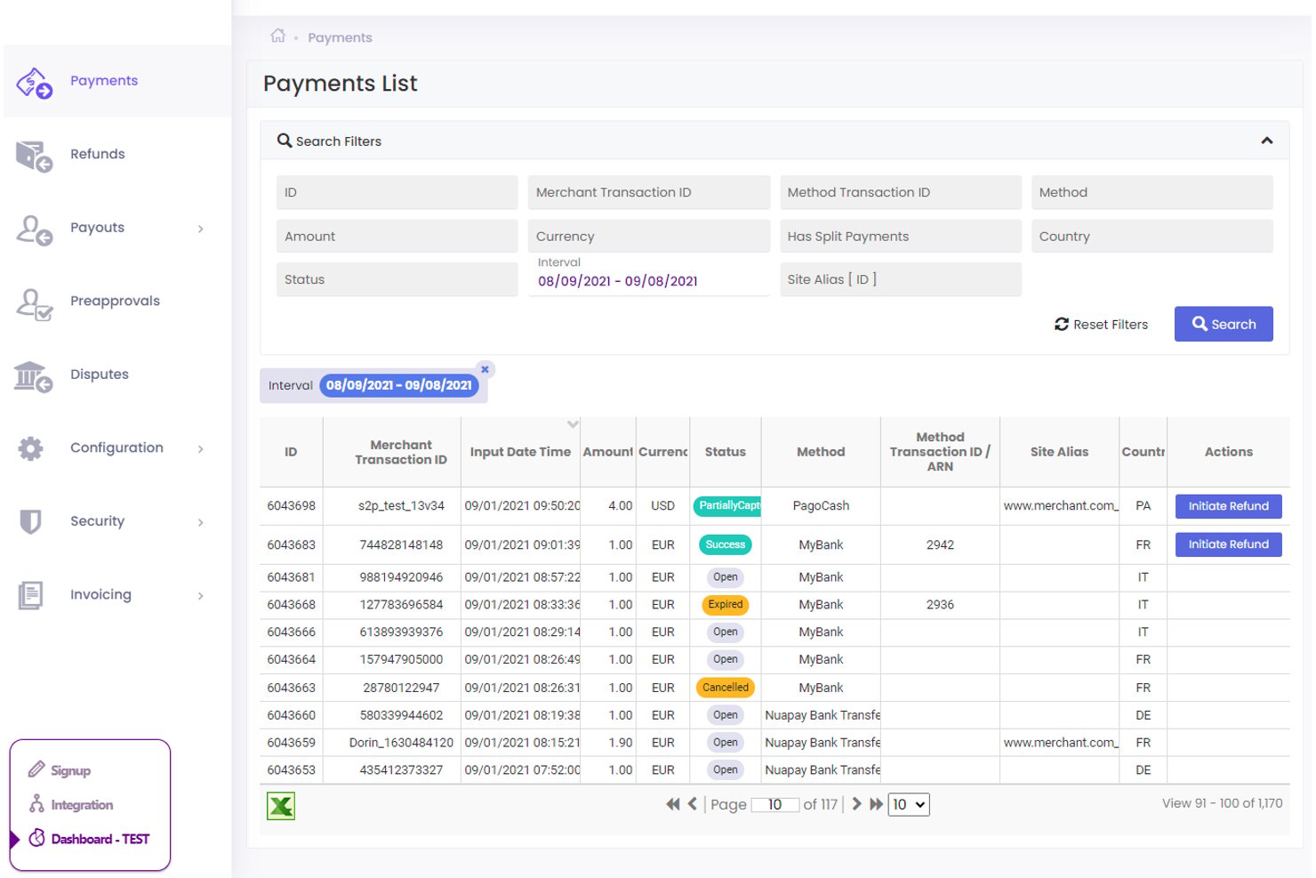 Dashboard der Nuvei-Zahlungsliste mit Transaktionsdatensätzen und Statusfiltern.
