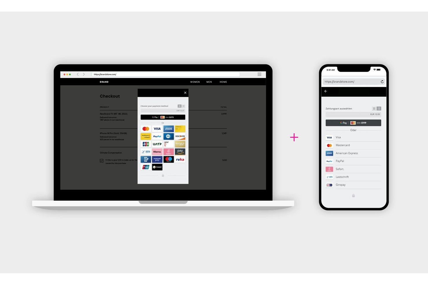 Zahlungsabschlussseite mit einem Modal zur Auswahl der Zahlungsmethode und mehreren Optionen auf Desktop- und Mobilgeräten.