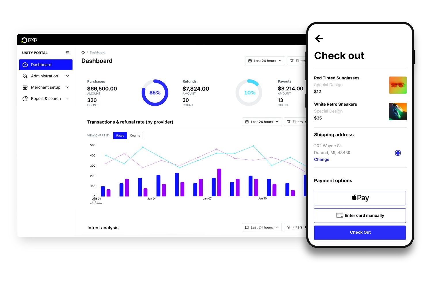 PXP-Financial-Dashboard mit Transaktionsstatistiken und mobilem Bildschirm für den Bezahlvorgang mit angezeigten Zahlungsoptionen.