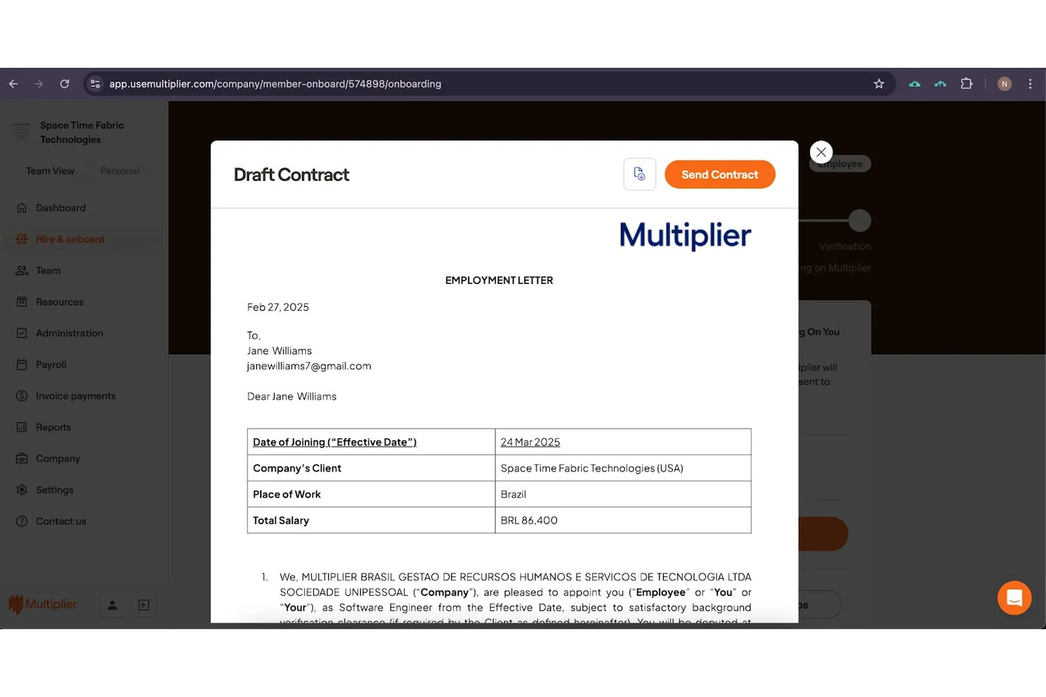 Multiplier draft employment contract for Brazil-based employee showing salary in BRL.