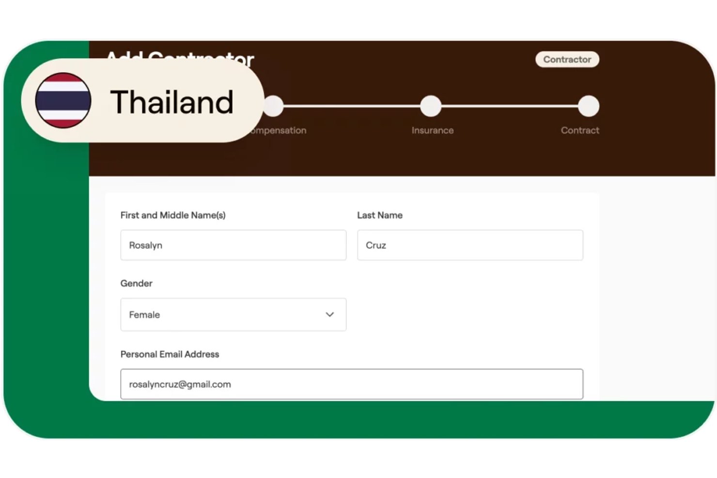 Multiplier-formulier om een opdrachtnemer in Thailand toe te voegen, met velden voor naam, geslacht en e-mailadres.