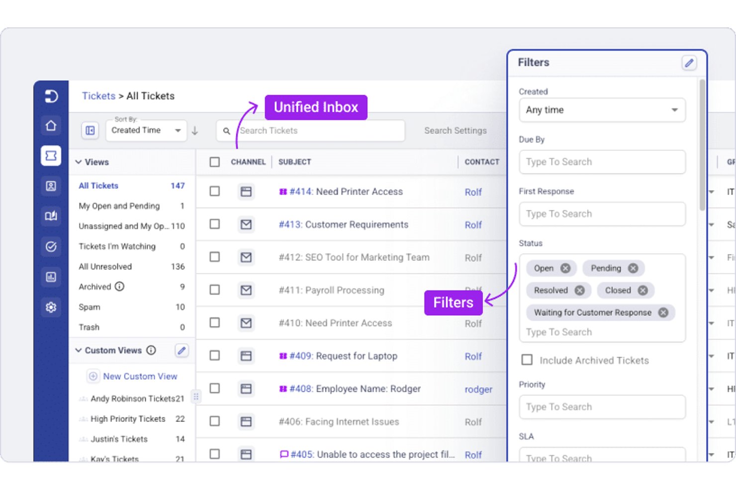 Uniforme inbox van Desk365 met een ticketlijst en geopend paneel met statusfilters.