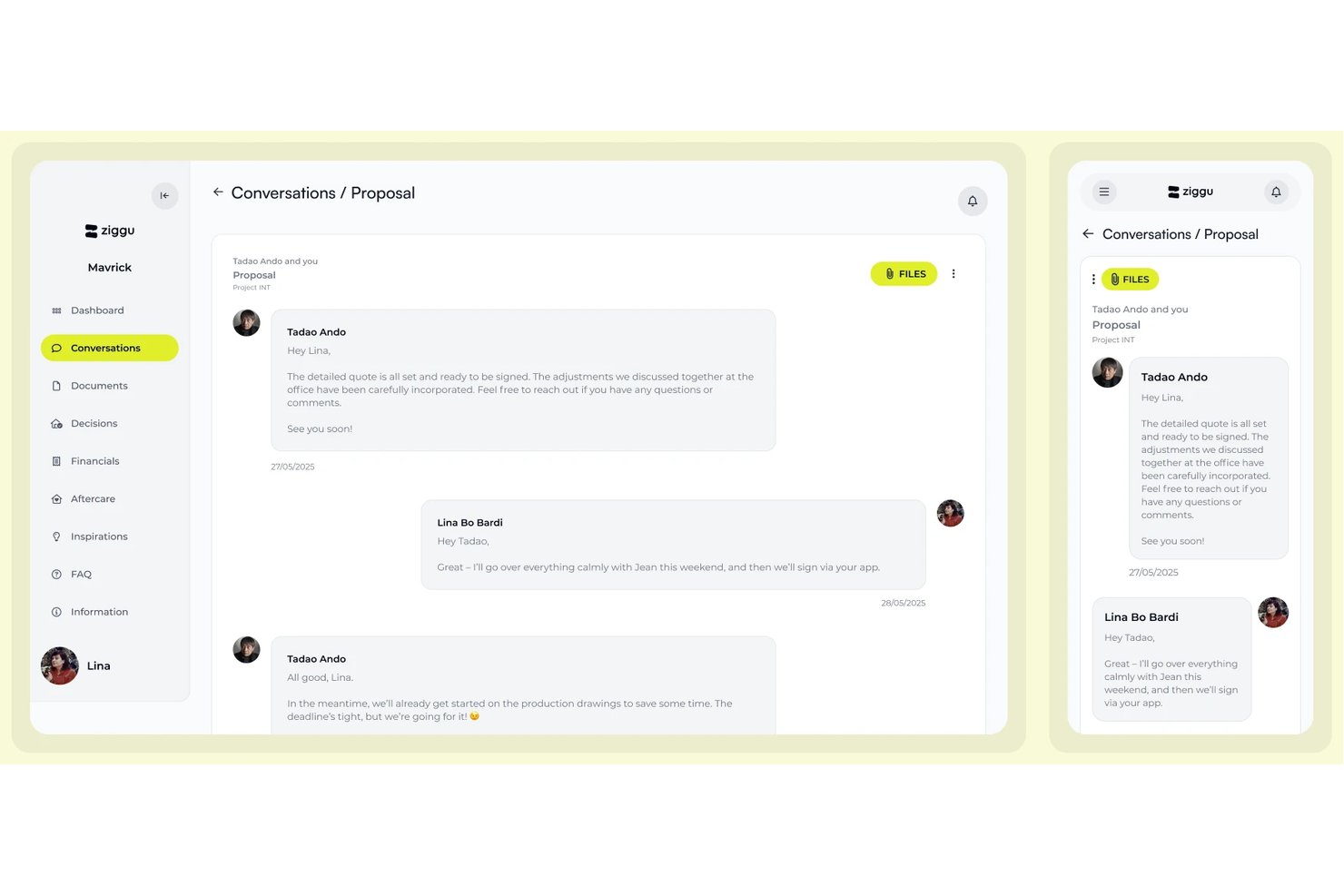 Ziggu conversation thread showing proposal messages between contractor and client.