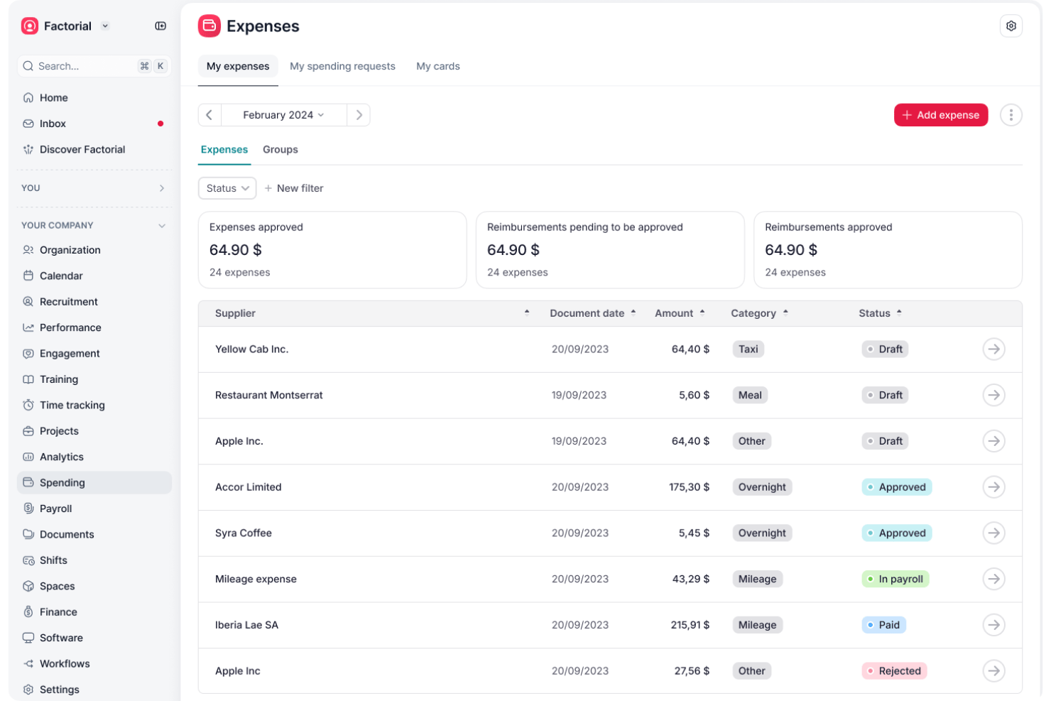 Factorial expenses dashboard showing supplier list with amounts, categories, and statuses.