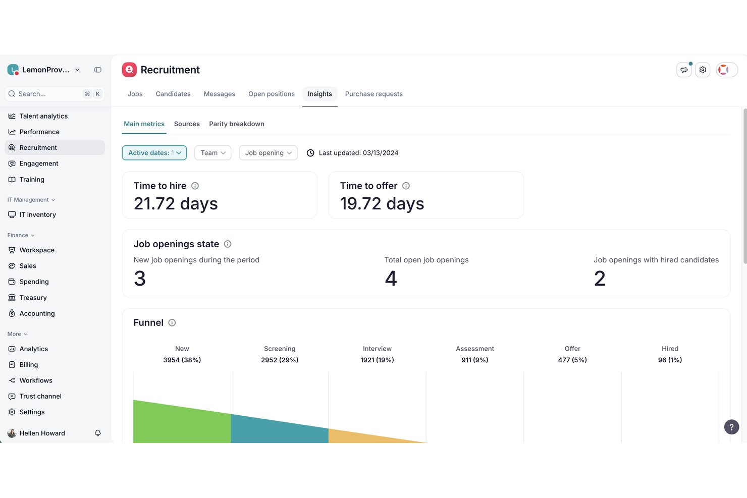 Dashboard mit Recruiting-Einblicken von Factorial, das Einstellungs-Funnel, Zeit bis zur Einstellung und Daten zu offenen Stellen zeigt.