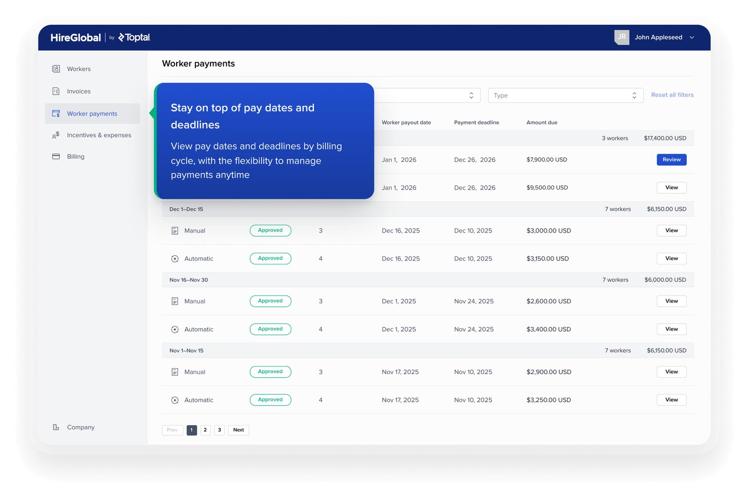 HireGlobal worker payments dashboard showing pay dates, deadlines, and amounts due.