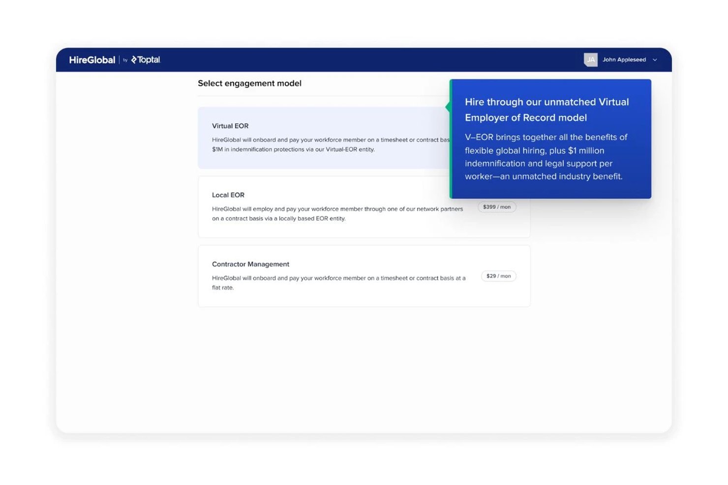 HireGlobal engagement model selection screen showing Virtual EOR, Local EOR, and Contractor Management options.