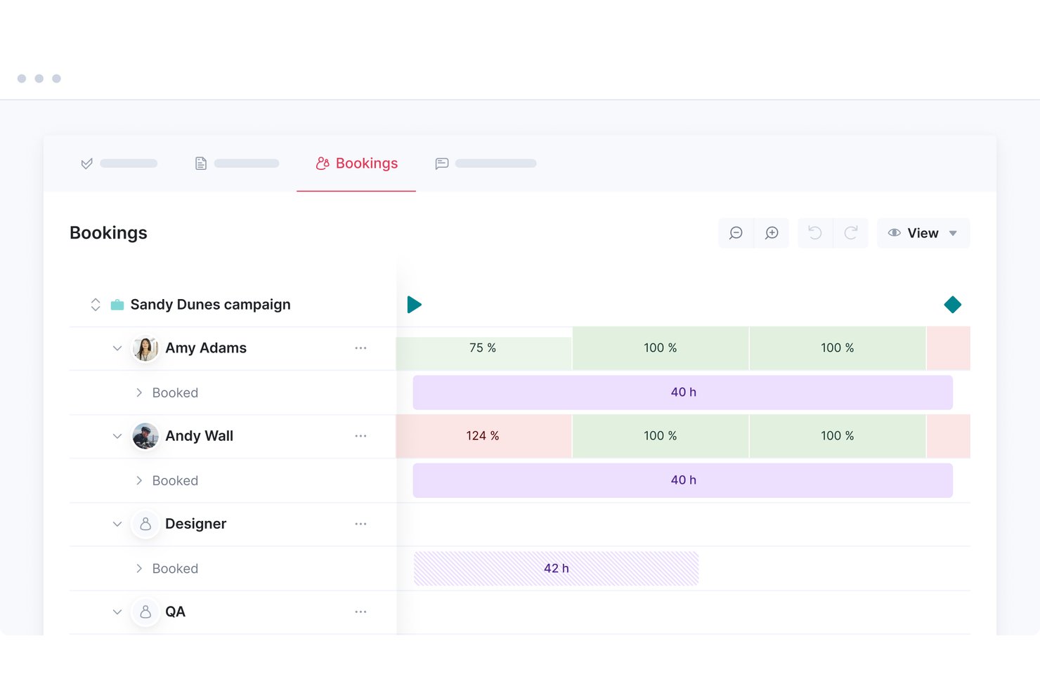Scoro bookings view showing resource allocation percentages and hours for team members.