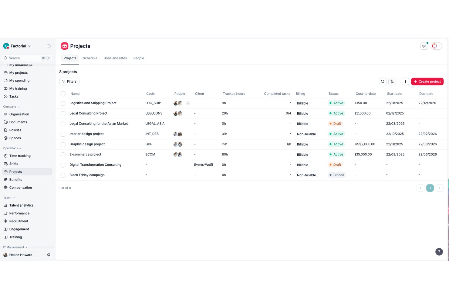 Factorial-projectendashboard met 8 projecten, inclusief status, facturatie en geregistreerde uren.