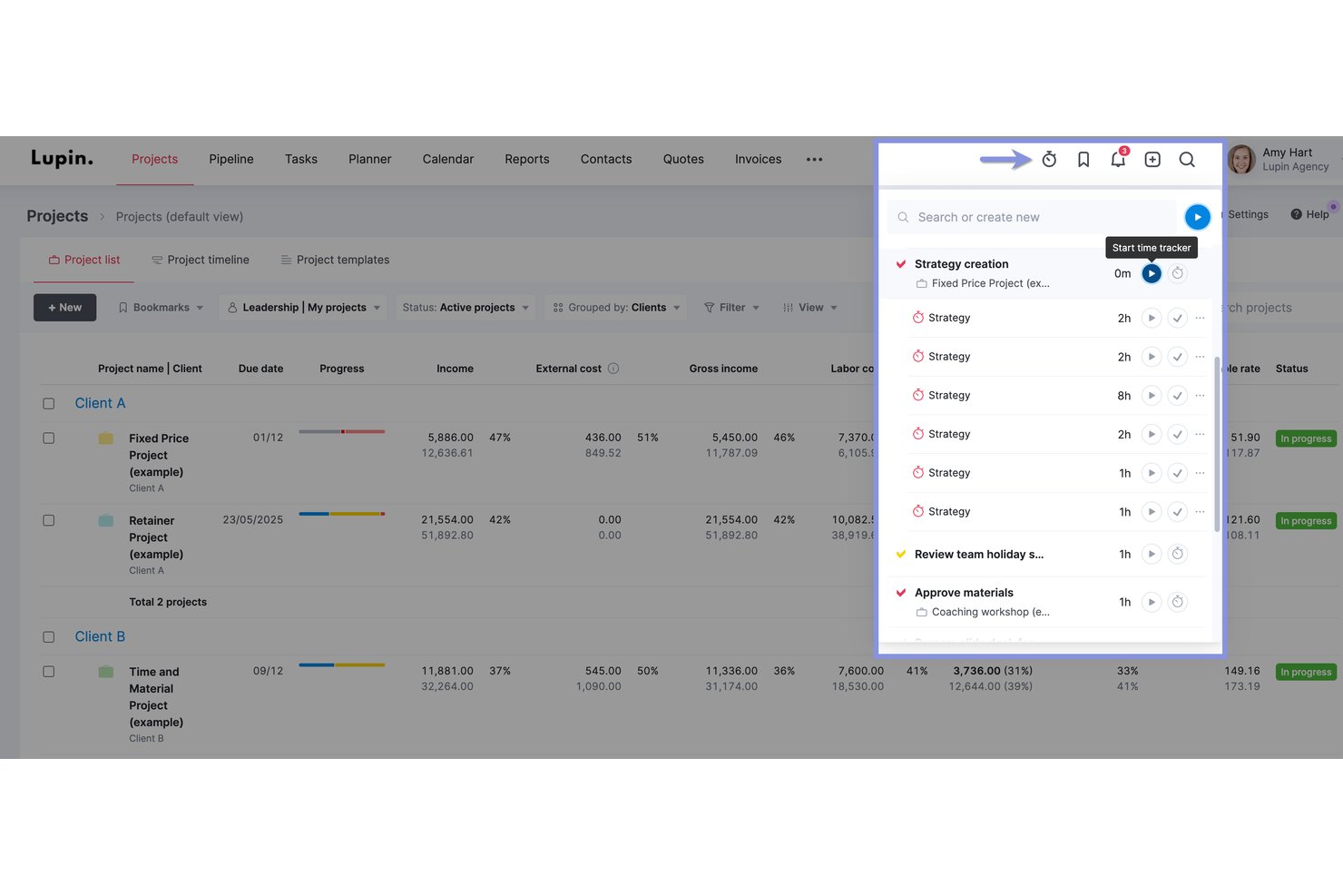 Popup del timer di Scoro che mostra l'elenco delle attività con le registrazioni del tempo e il pulsante per avviare il monitoraggio.