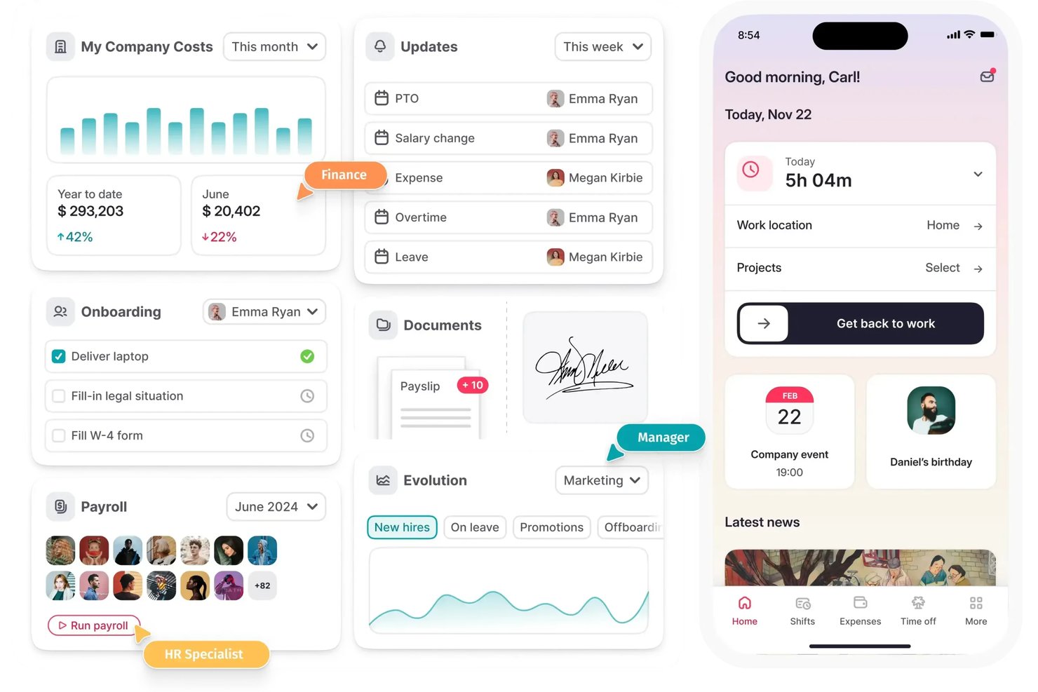 Factorial HR dashboard showing costs, payroll, onboarding, updates, and mobile app.
