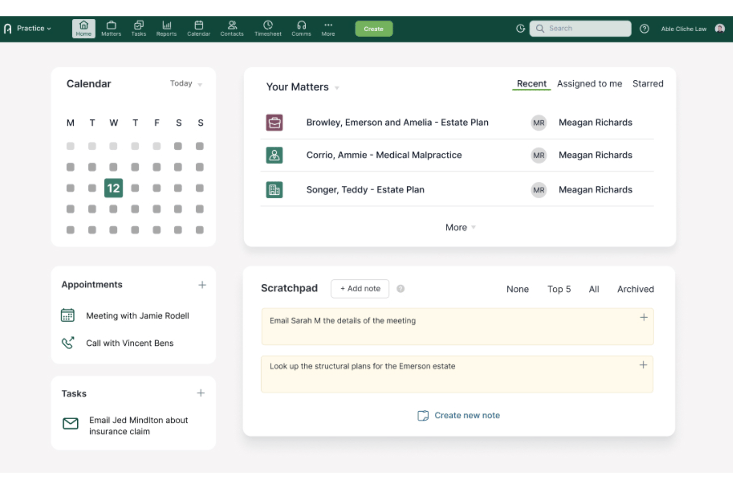 Panel de inicio de Actionstep que muestra el calendario, expedientes, citas, tareas y bloc de notas.