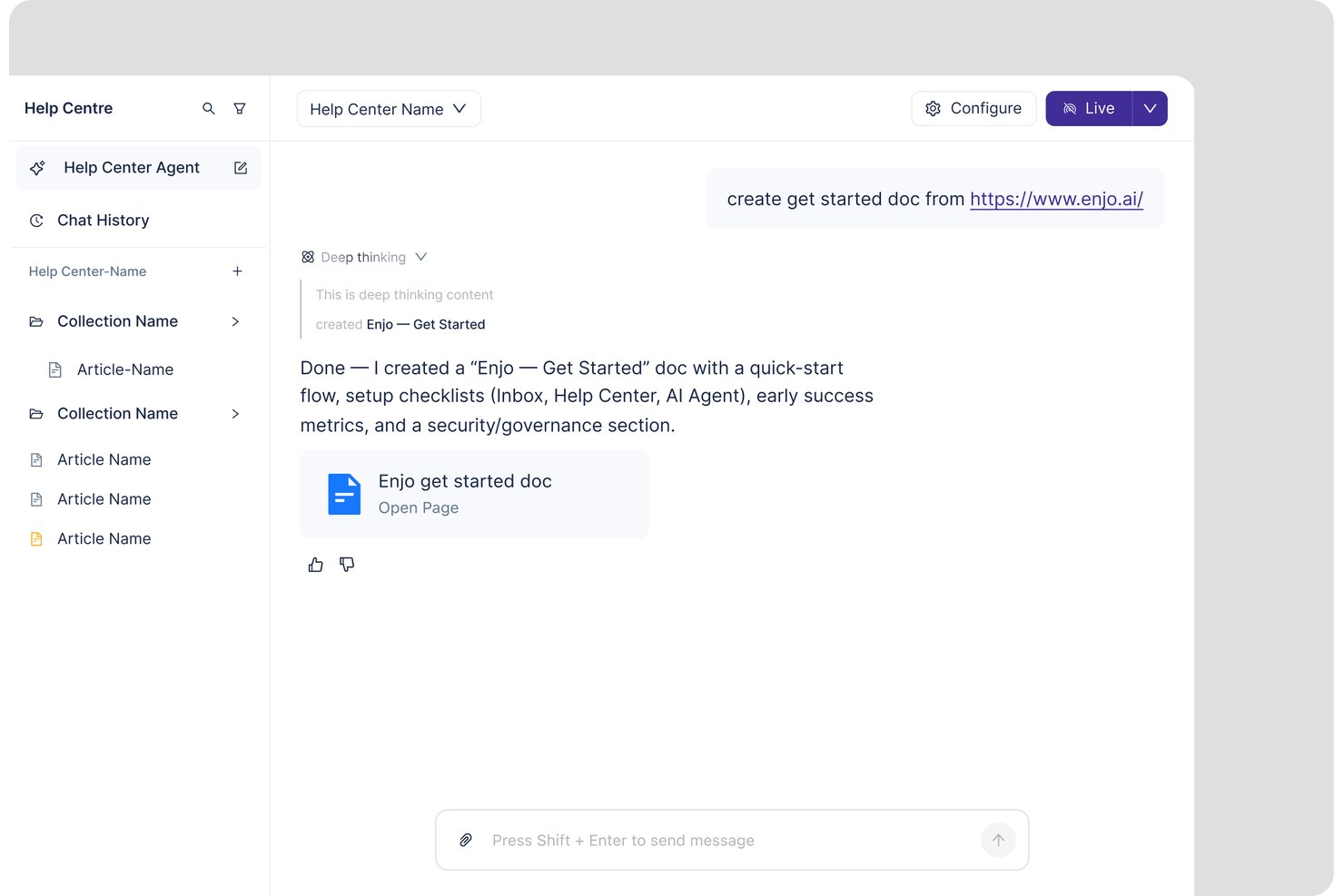 De AI-agent van het Enjo-helpcentrum maakt vanuit een URL een document om aan de slag te gaan.