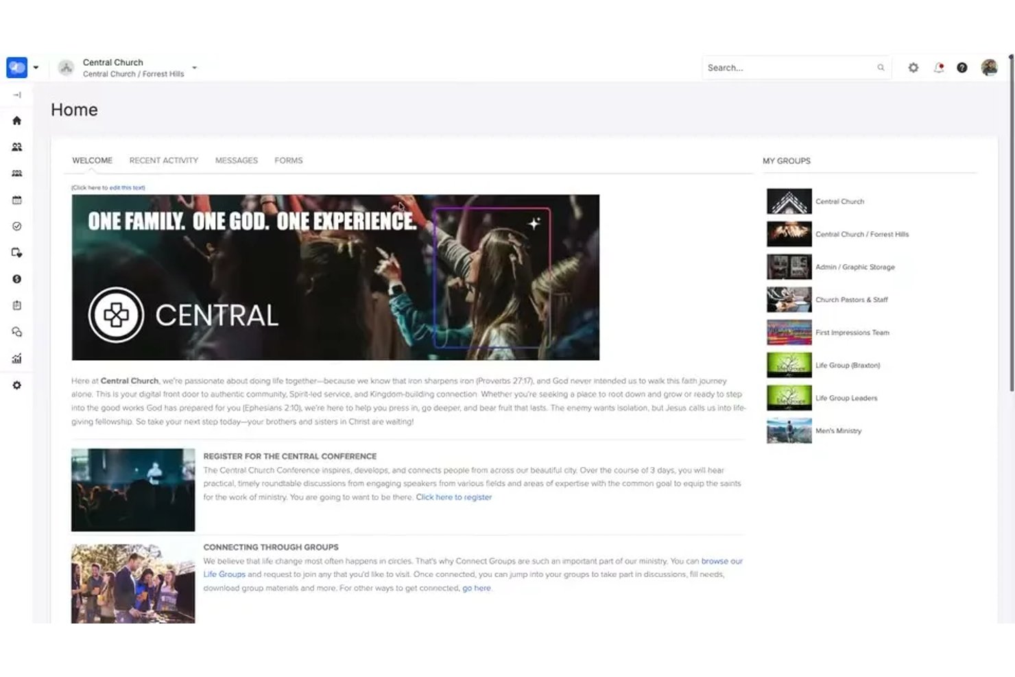 ChurchStaq-Startdashboard mit Gruppen, Nachrichten und Willkommensinhalten.
