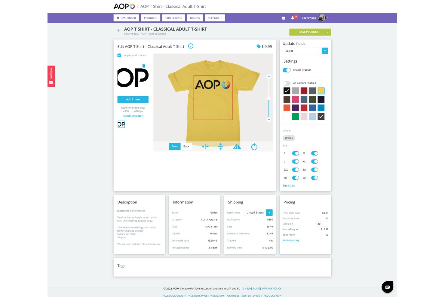 Producteditor van AOP+ met een geel T-shirt met logo, prijs- en maatinstellingen.