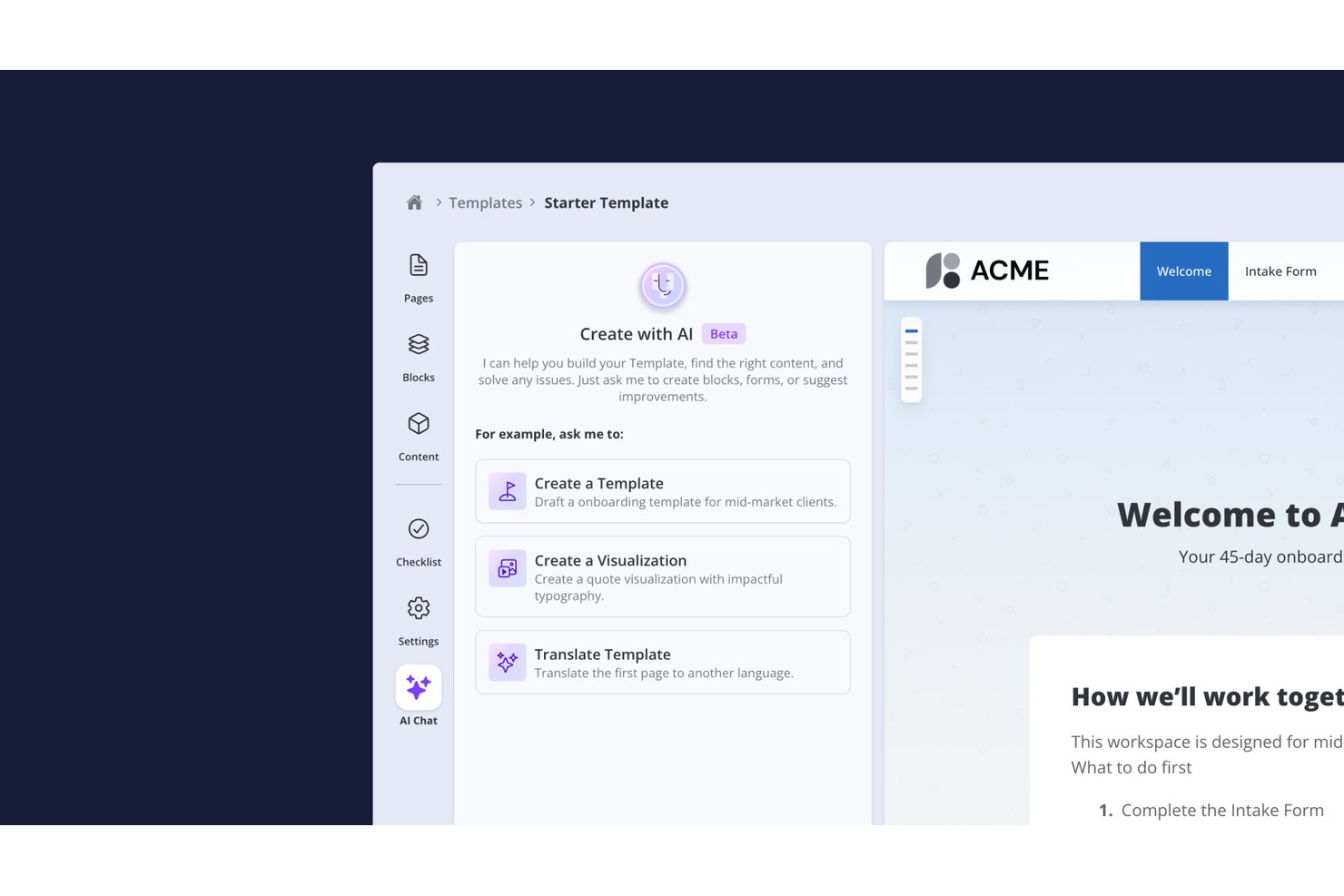 Panel de chat de IA de Valuecase que ofrece opciones de plantillas, visualización y traducción.