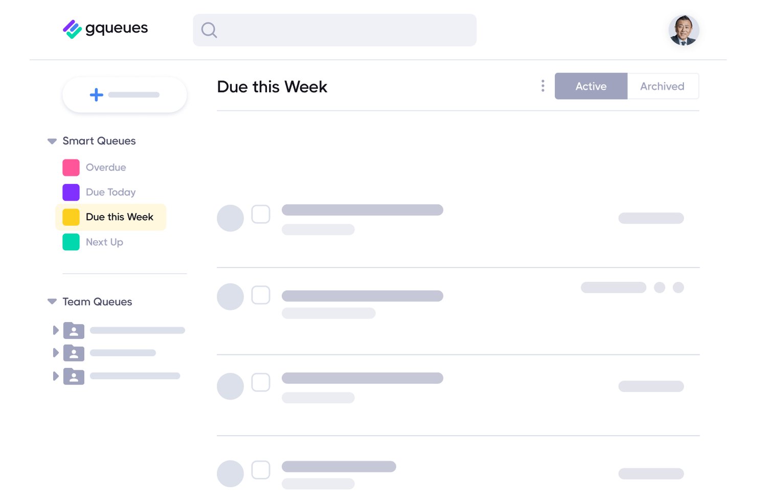 App GQueues che mostra la coda intelligente Attività in scadenza questa settimana con l'elenco delle attività e la navigazione laterale.
